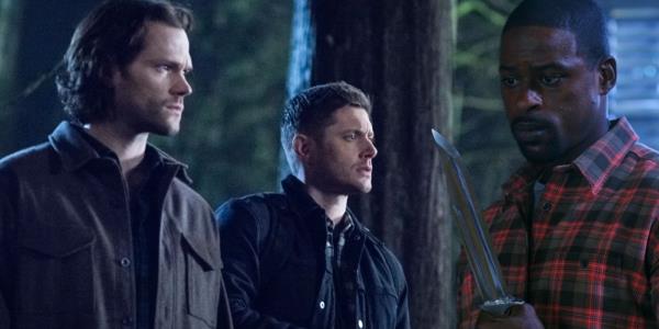 This collage shows Dean and Sam in the forest looking over at Gordon Walker who stares at his knife.